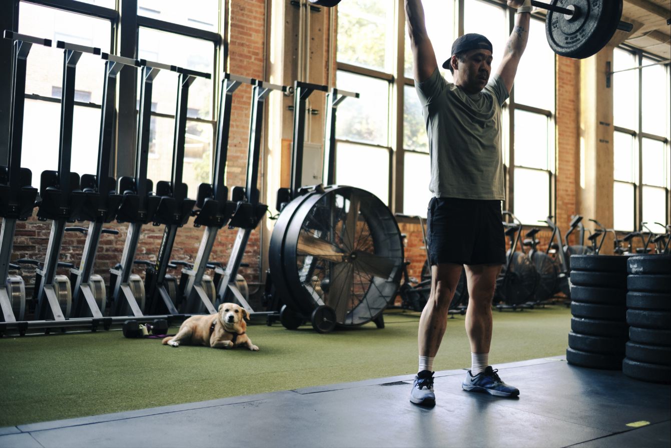 Member finishing an overhead lift on the gym floor while the gym dog rests on the turf